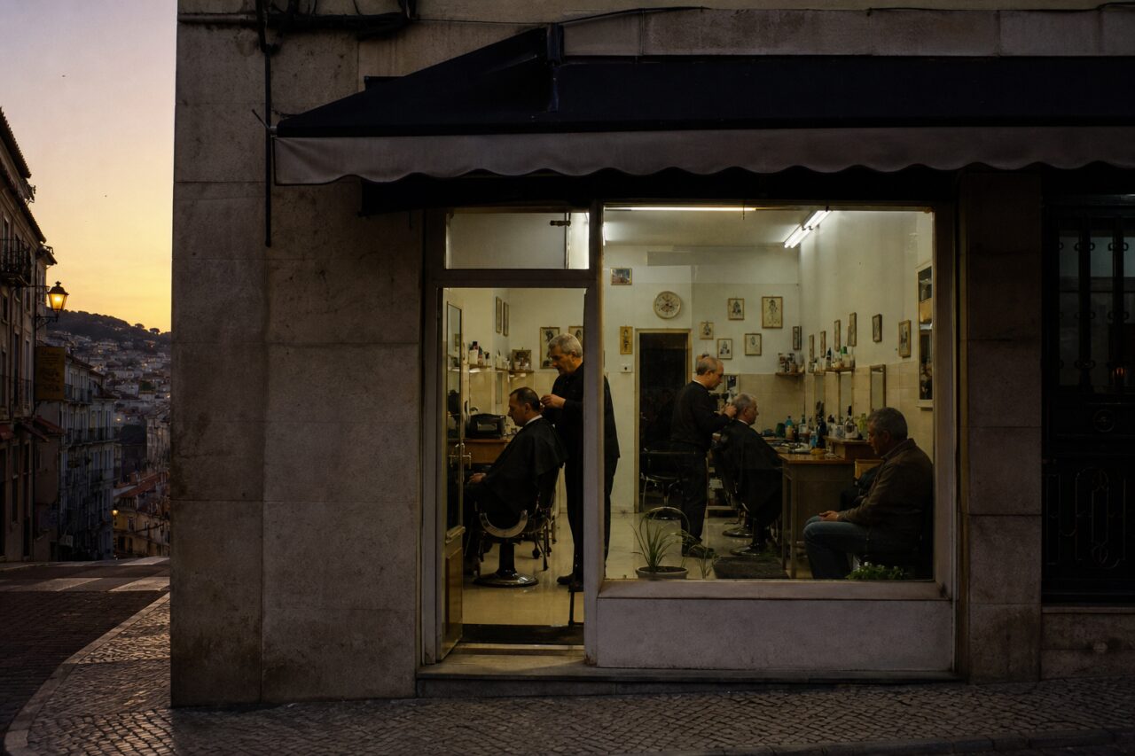 Facciata illuminata di un barbiere al crepuscolo in una strada di Lisbona