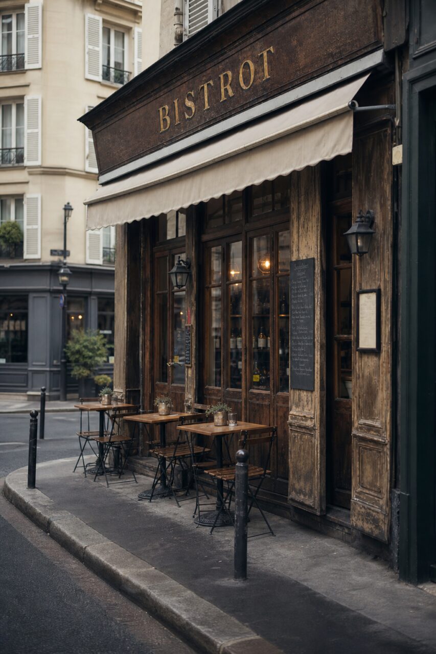 Devanture de bistrot en cadrage vertical le long du trottoir
