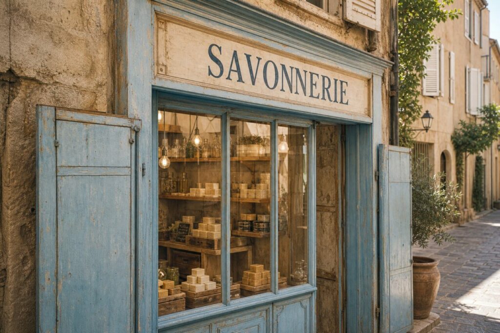 Devanture bleu ciel de savonnerie à Marseille, pains de savon et flacons derrière les volets ouverts