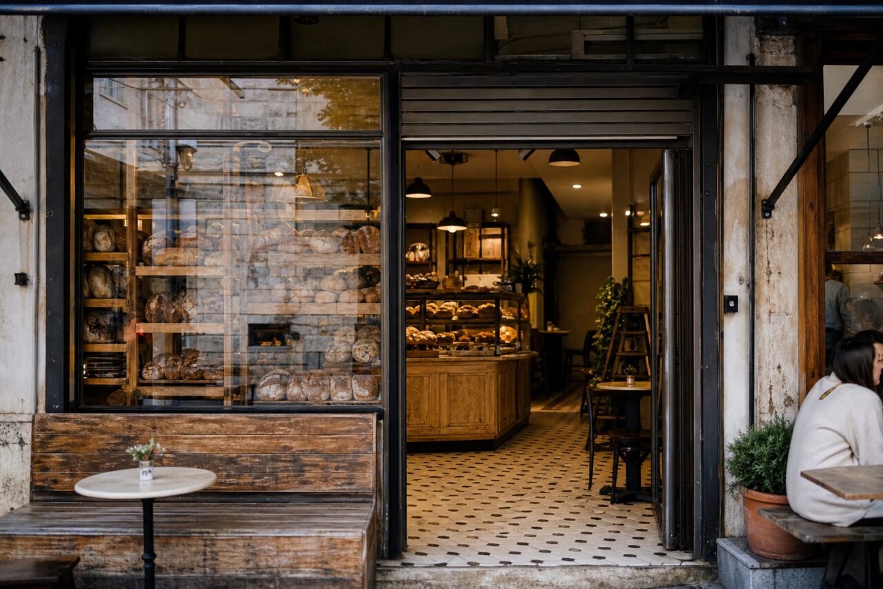 Devanture de boulangerie-café avec pains en vitrine