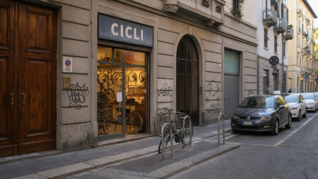 Fassade des Fahrradladens „CICLI“ an einer Straße in Mailand