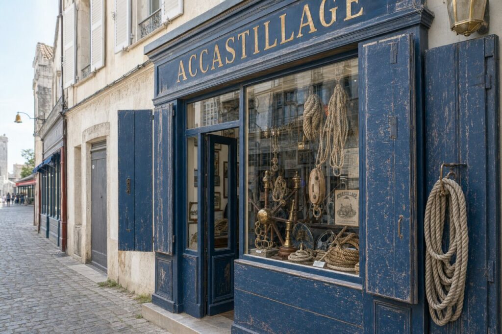 Devanture d’accastillage à La Rochelle, cordages et accessoires marins dans une vitrine bleue