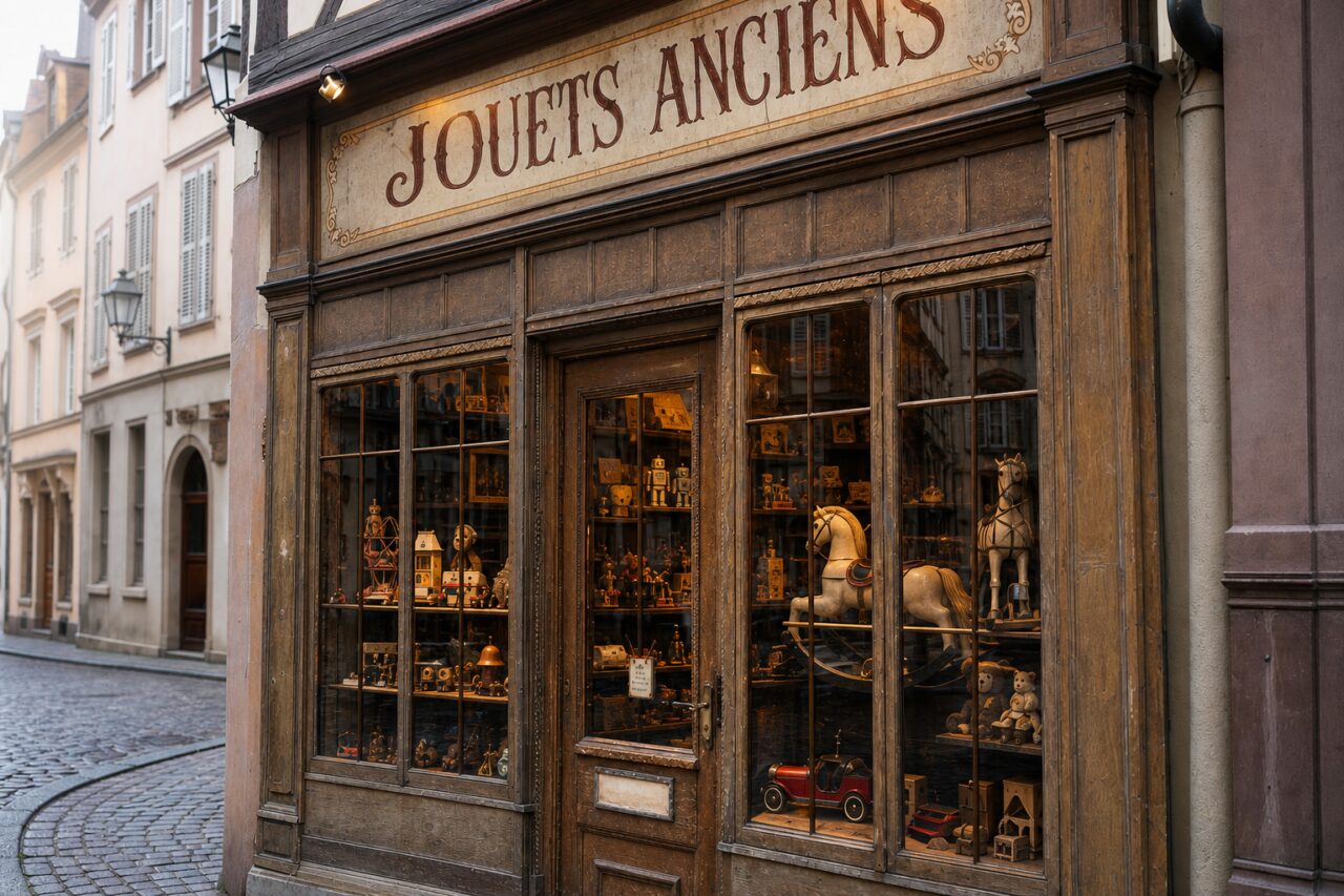 Devanture de boutique de jouets anciens à Strasbourg, vitrines en bois et façade à colombages