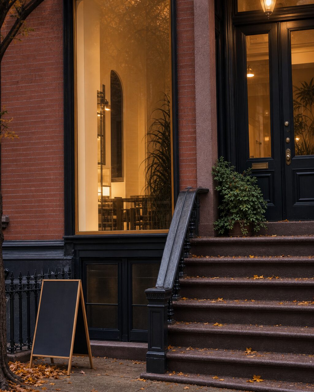 Devanture de brownstone new-yorkais avec agence immobilière éclairée