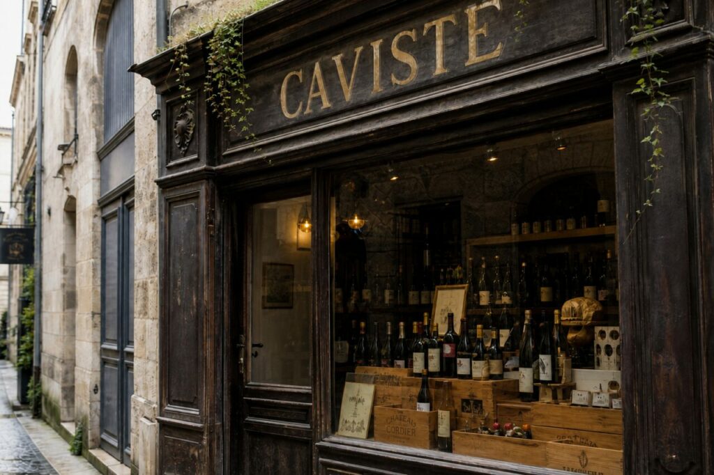 Devanture de caviste à Bordeaux, enseigne CAVISTE et caisses de vin éclairées en vitrine