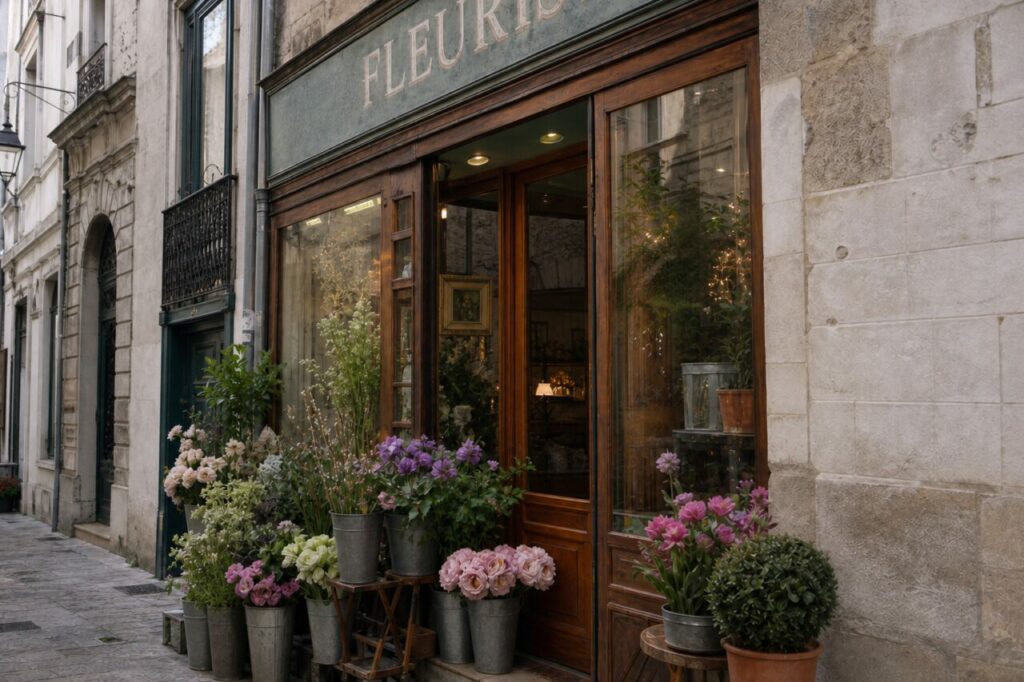 Devanture de fleuriste à Tours, bouquets en pots devant une vitrine en bois éclairée