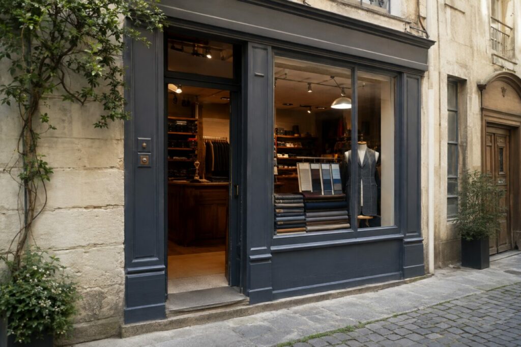 Devanture de l’atelier de couture — Tissus pliés, bobines et table de coupe dans la lumière du quartier