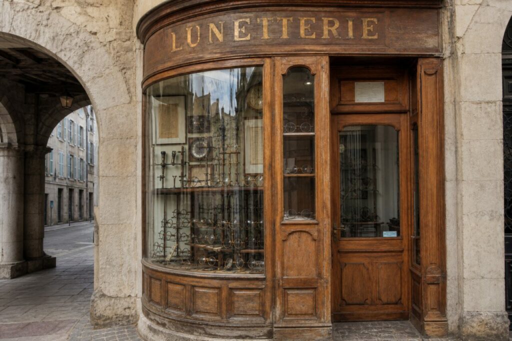 Devanture de lunetterie à Besançon, enseigne en bois et collection de montures sous une arcade