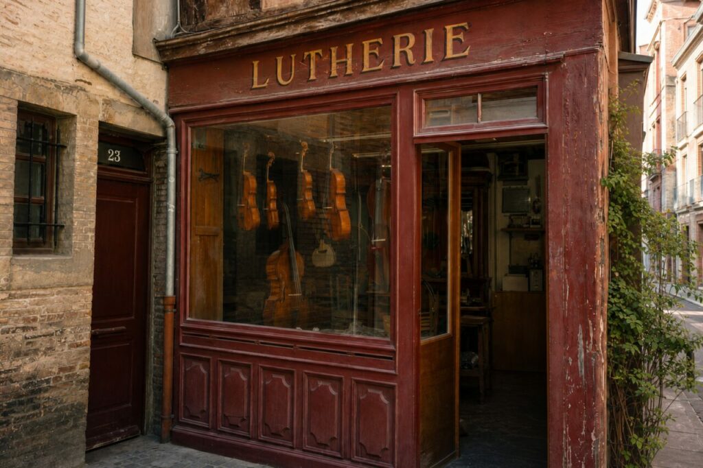 Devanture de lutherie à Toulouse, violons alignés sous l’enseigne et atelier ouvert sur la rue