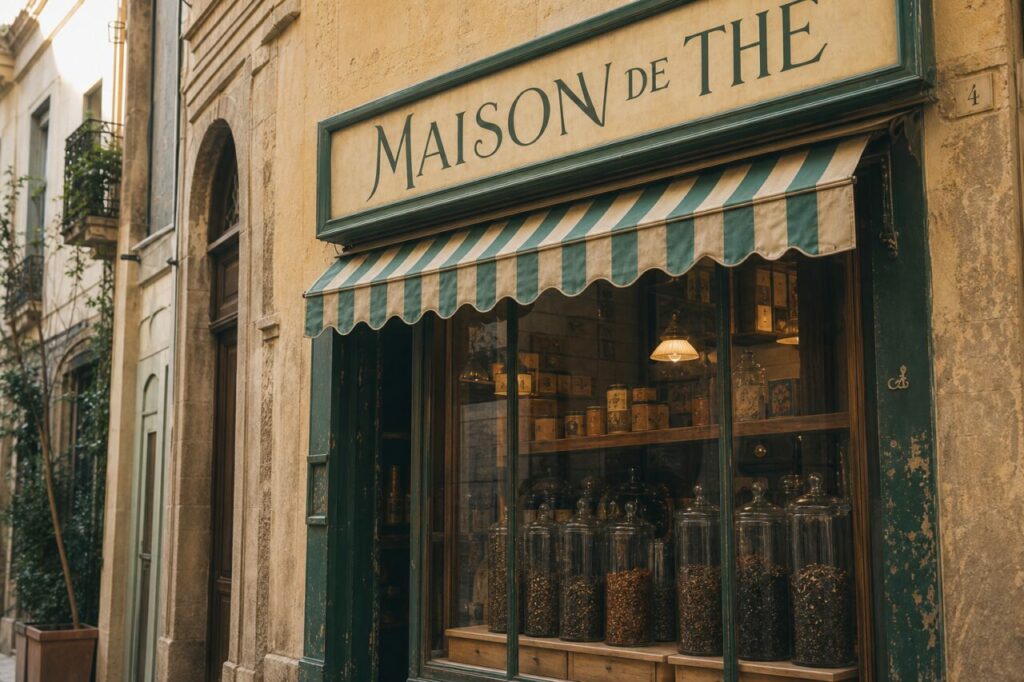 Savonnerie ancienne à Marseille, façade bleu délavé et savons artisanaux en vitrine