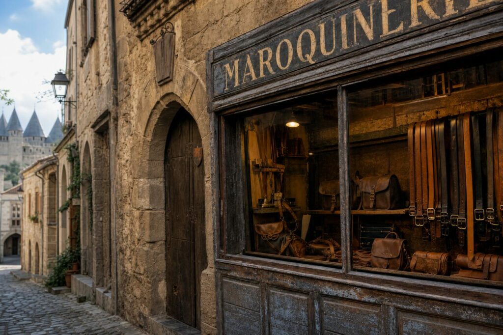 Devanture de maroquinerie à Carcassonne, enseigne ancienne et accessoires en cuir dans une rue de pierre