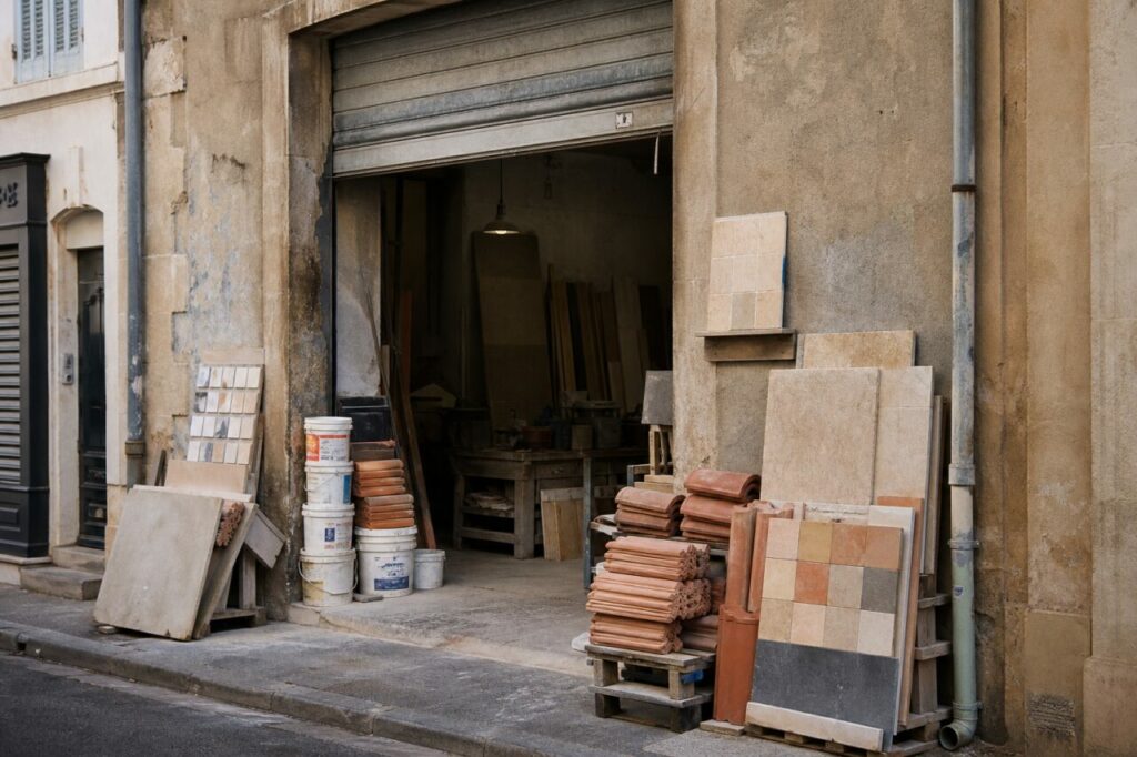Fassade eines Baustofflagers mit Fliesen und Platten in Marseille