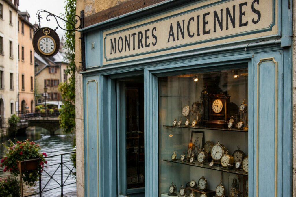 Devanture d’horlogerie à Annecy, enseigne MONTRES ANCIENNES et pendules près du canal