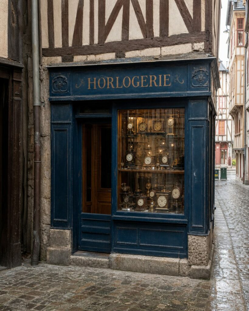 Devanture d’horlogerie à Rouen, enseigne dorée et vitrine de montres dans le vieux quartier