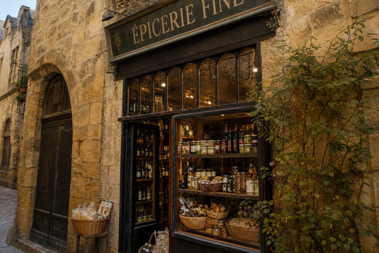 Feinkostfassade in Sarlat, patiniertes Schild und Gourmetkörbe im Schaufenster