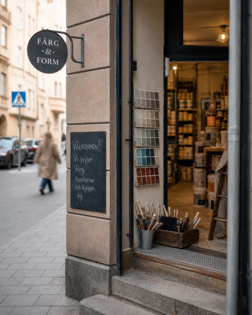 Senkrechte Front eines Farbgeschäfts mit dem Schild FÄRG & FORM