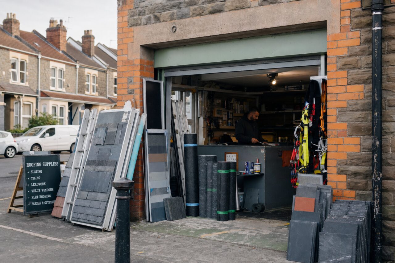 Devanture ouverte d’un magasin de fournitures de toiture avec échantillons et échelles à Bristol
