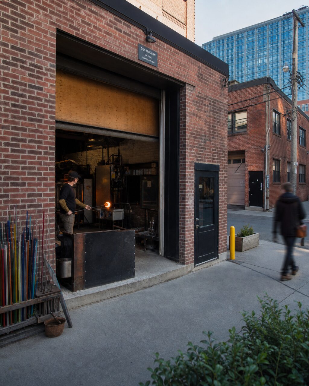 Hochformatige Fassade des GUS-MODERN-Glasateliers mit Glasmacher am Ofen in Toronto