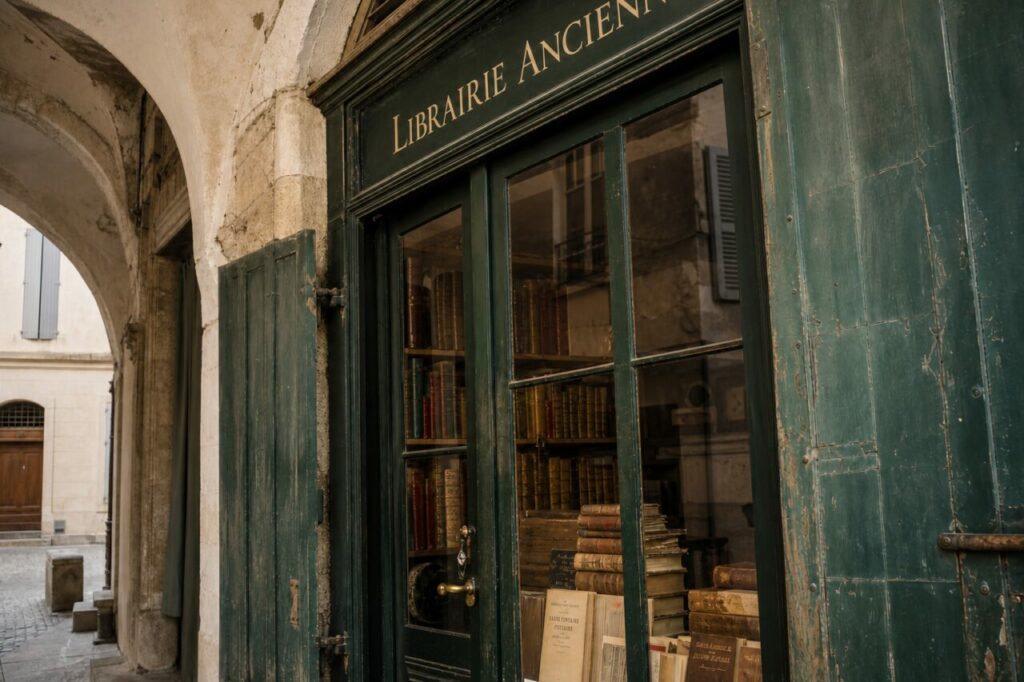 Devanture de librairie ancienne à Arles, volets verts et livres reliés sous une arcade de pierre
