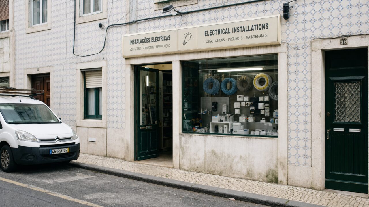 Negozio di installazioni elettriche su una strada lastricata di Lisbona