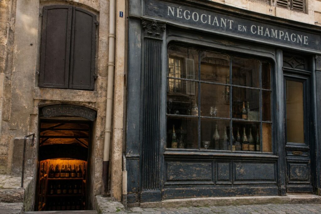 Devanture de négociant en champagne à Reims, enseigne ancienne et bouteilles en vitrine