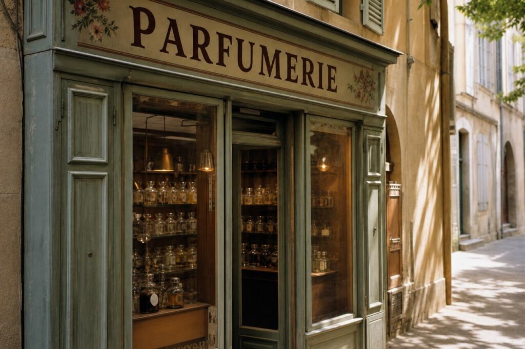 Devanture de parfumerie à Aix-en-Provence, flacons anciens et rue ombragée sous les platanes
