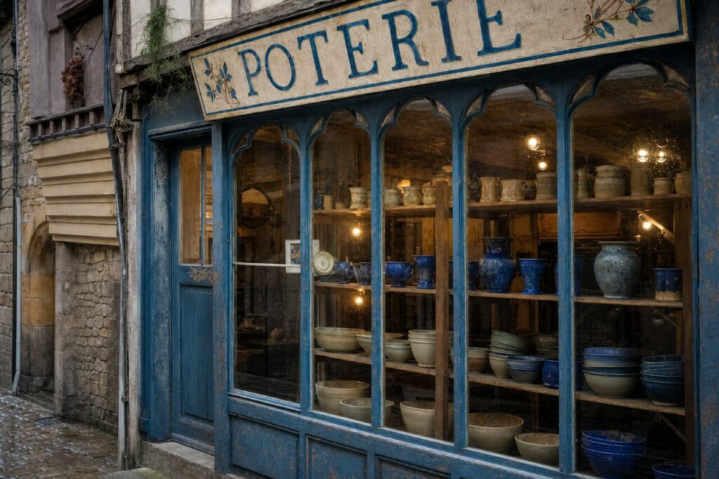 Devanture de poterie à Vannes, enseigne patinée et céramiques éclairées derrière les vitres
