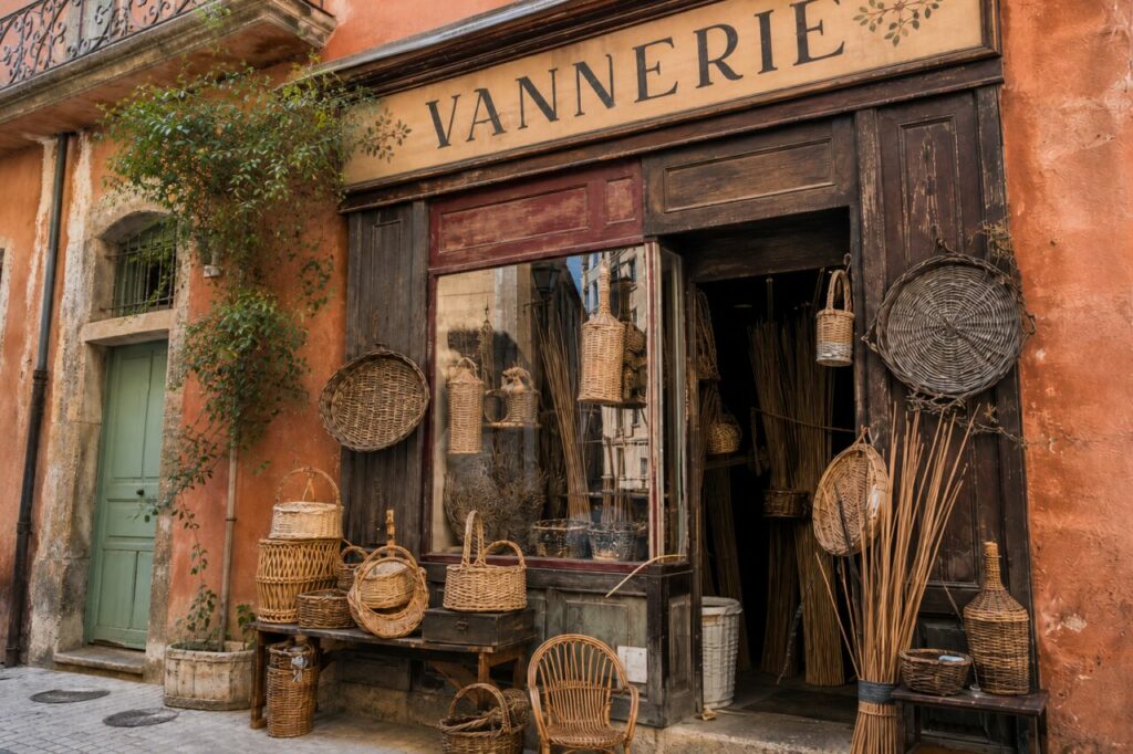 Devanture de vannerie à Nîmes, paniers tressés et fagots de roseau devant l’atelier