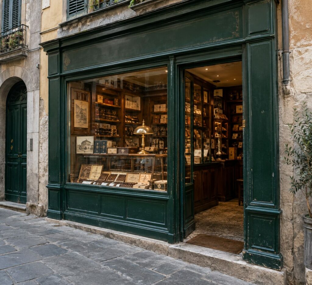 Devanture verte de bureau de tabac avec vitrine et rue pavée