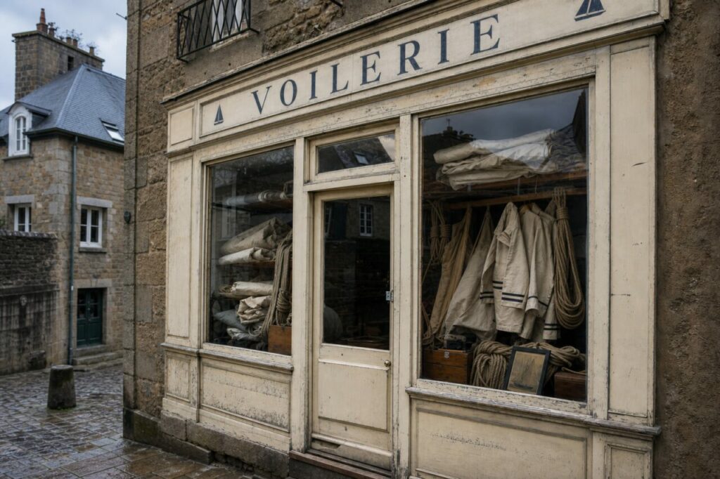 Devanture de voilerie à Saint-Malo, grandes lettres bleues et cordages dans la vitrine