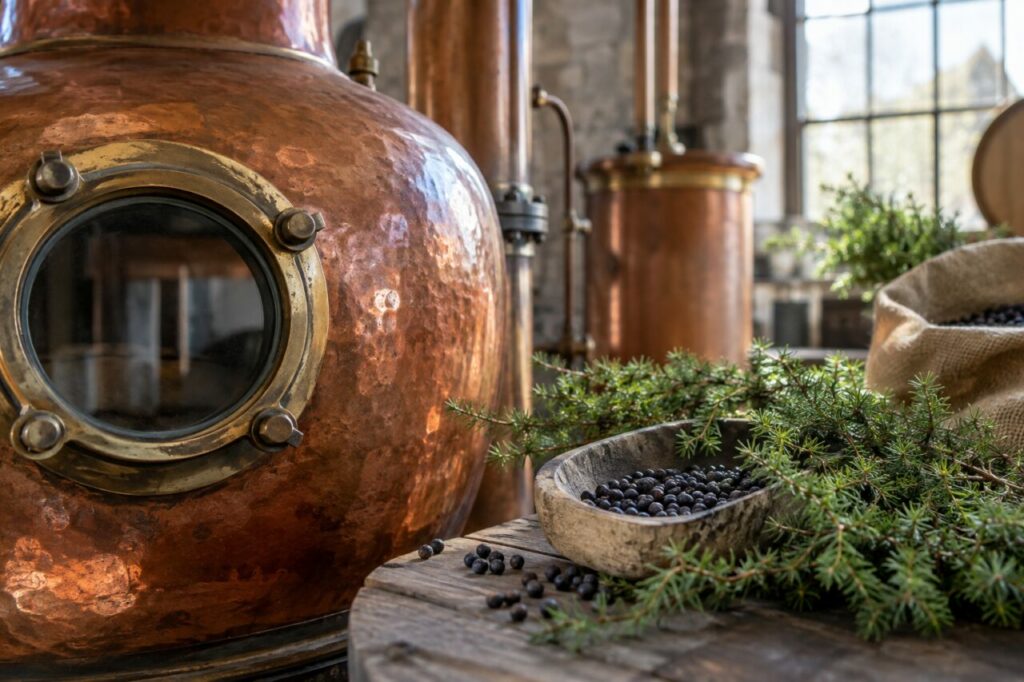 Independent distillery shop — a close view of copper and juniper textures