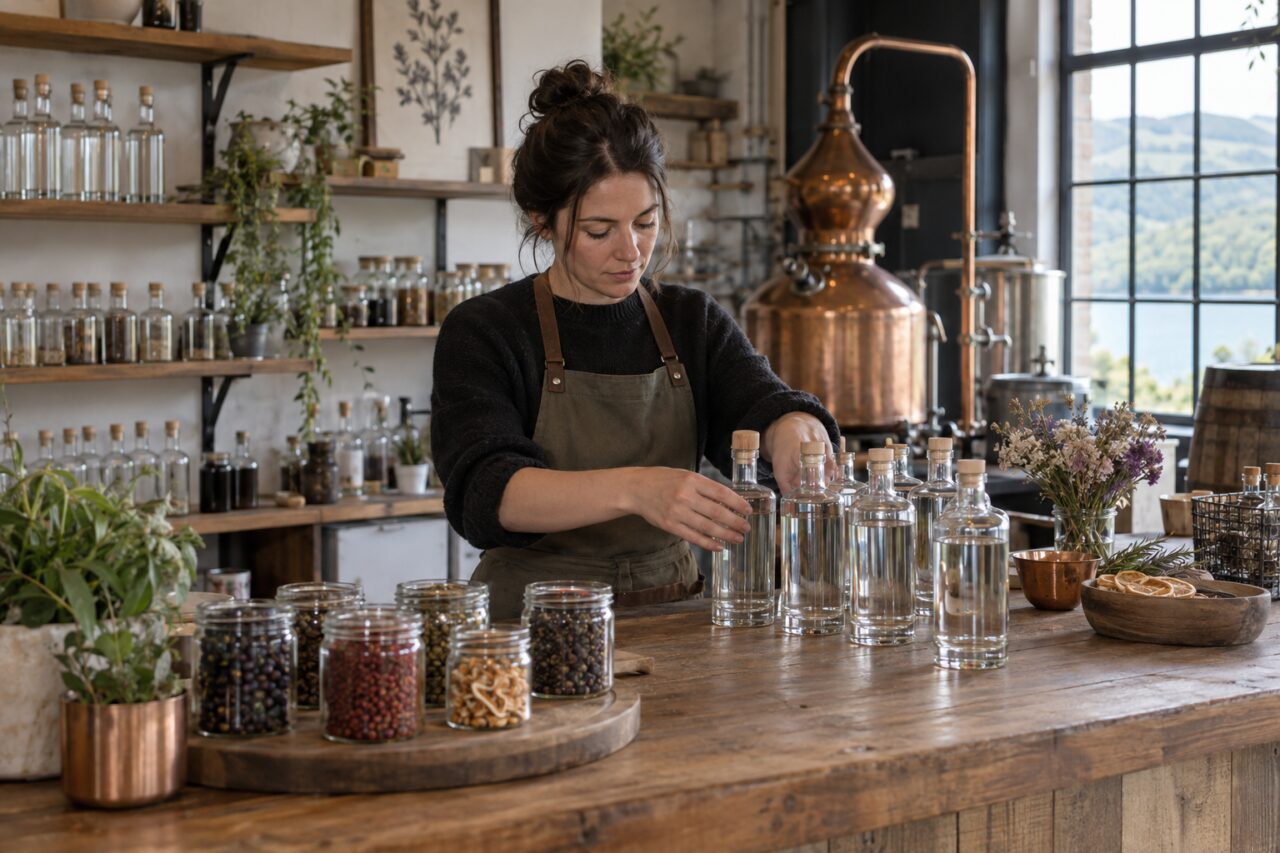 Distillerie indépendante — arranging clear bottles and botanicals