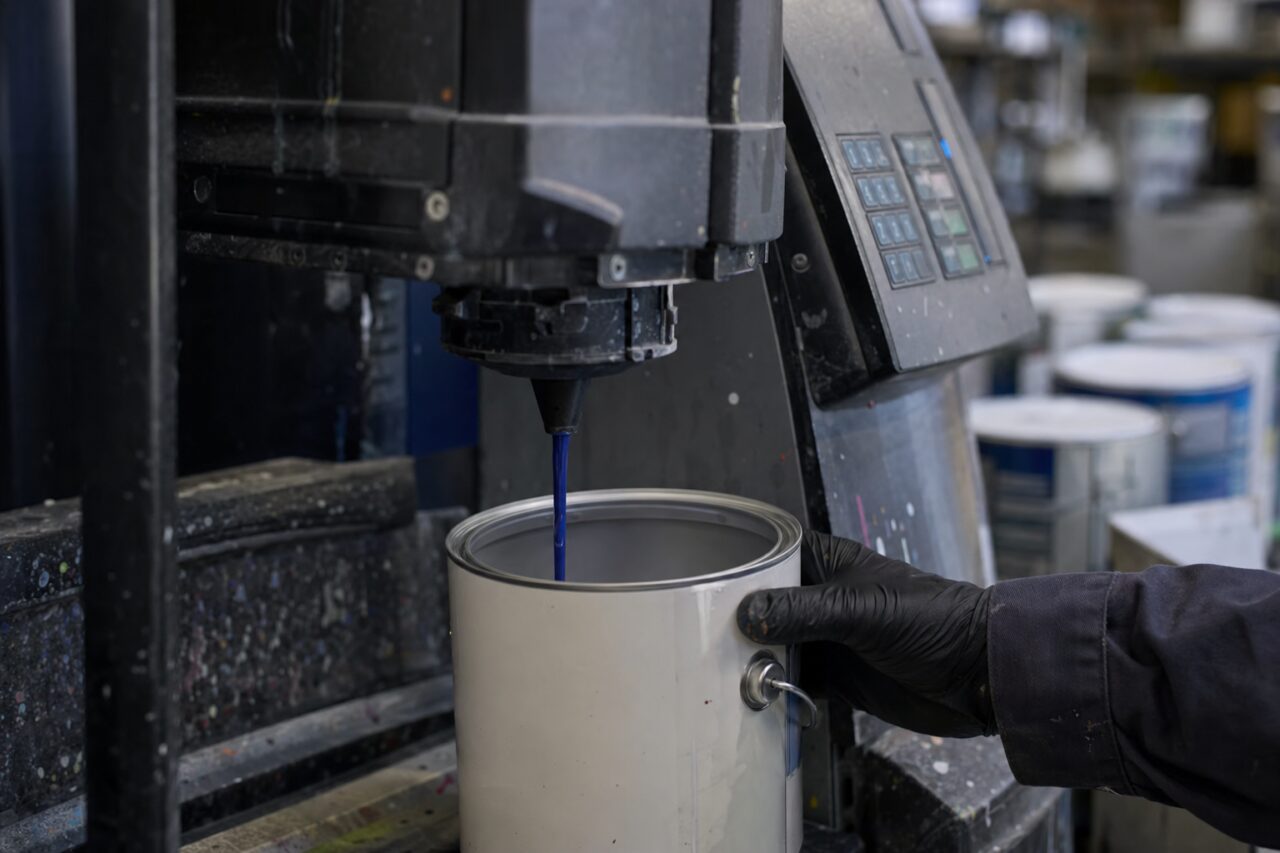Blauwe vloeistof gedoseerd in een blik onder een donkere machine