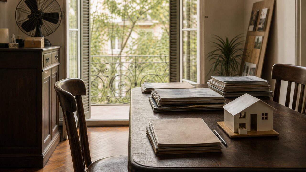 Property files and house model in a Buenos Aires office