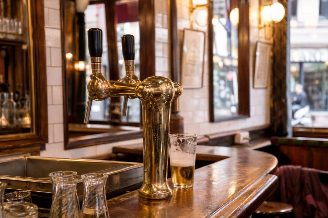 Dubbele messing biertap en glas op de toonbank van een brasserie