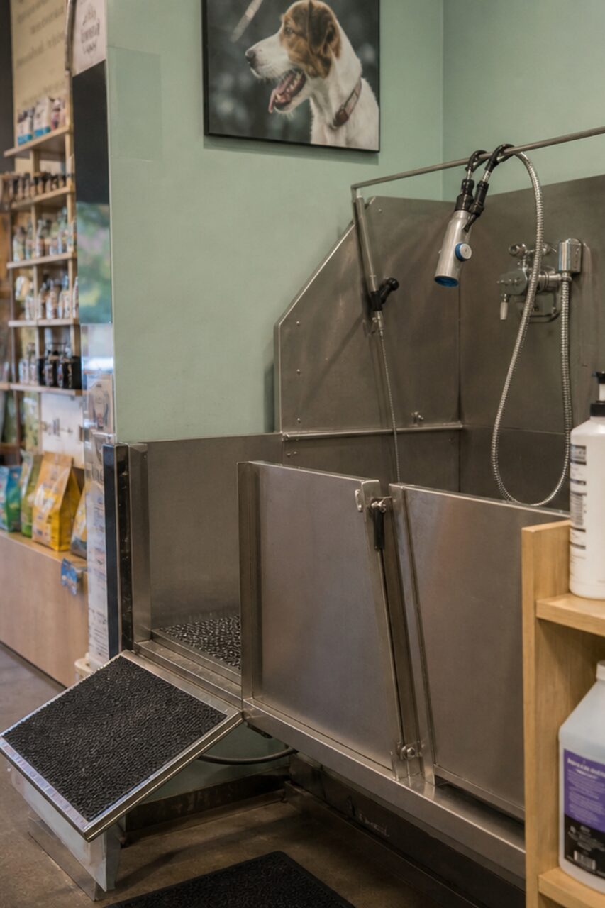 Sprayer and controls on a stainless dog washing station