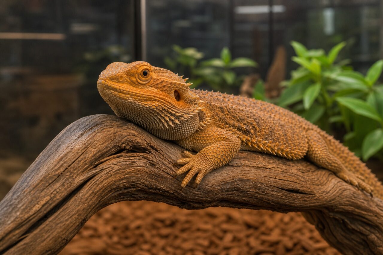 Ausgestreckte Bartagame auf einem Terrarienast