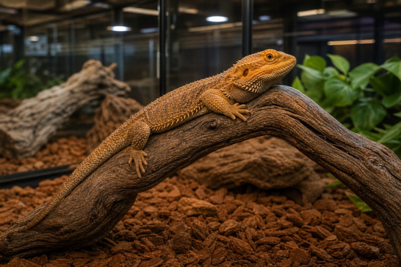 Bartagame auf einem Ast in einem großen Terrarium