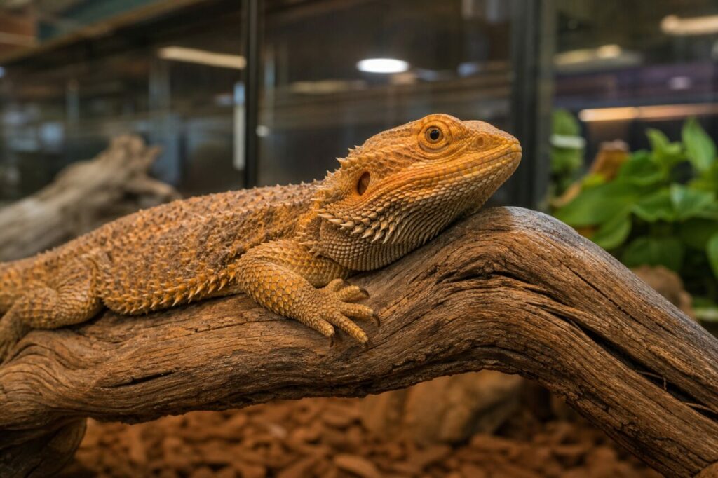 Drago barbuto arancione in un terrario piantumato