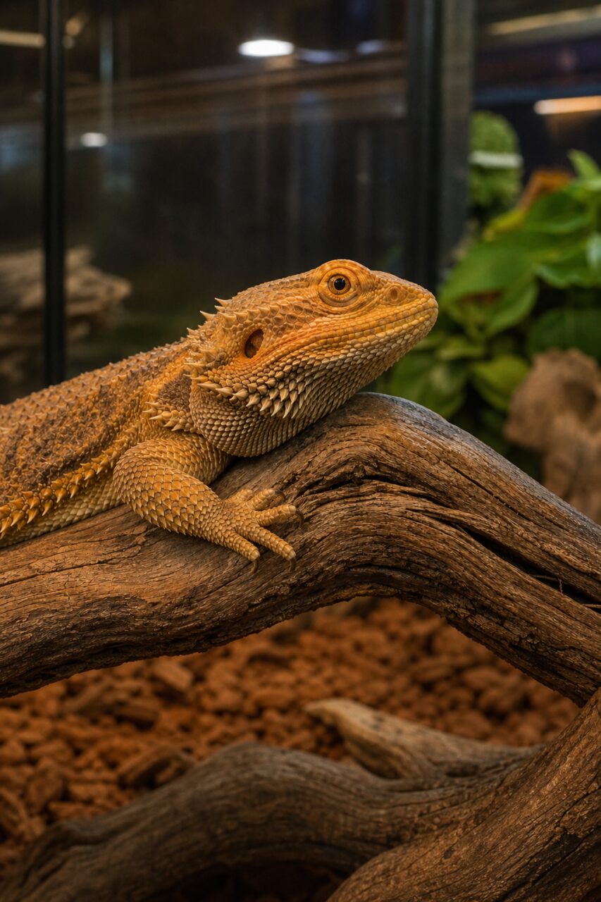 Baardagame in een terrarium op een gebogen stam