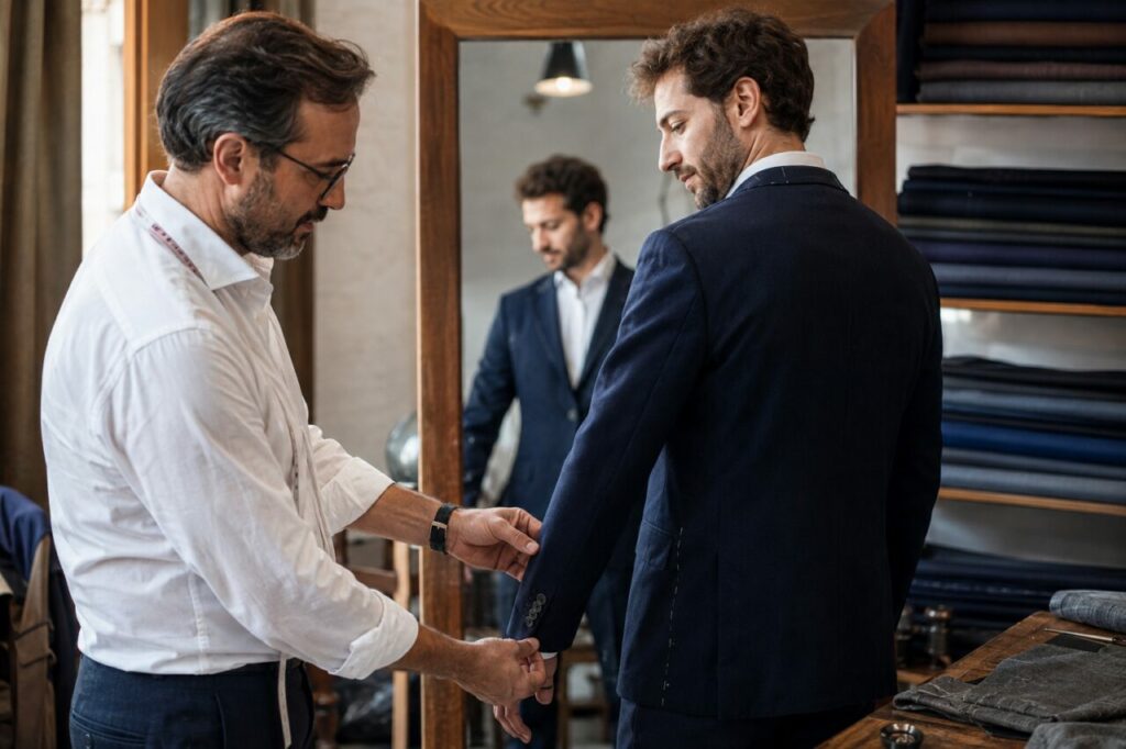 Échange au comptoir de la couture — Tissus pliés, bobines et table de coupe près de la clientèle
