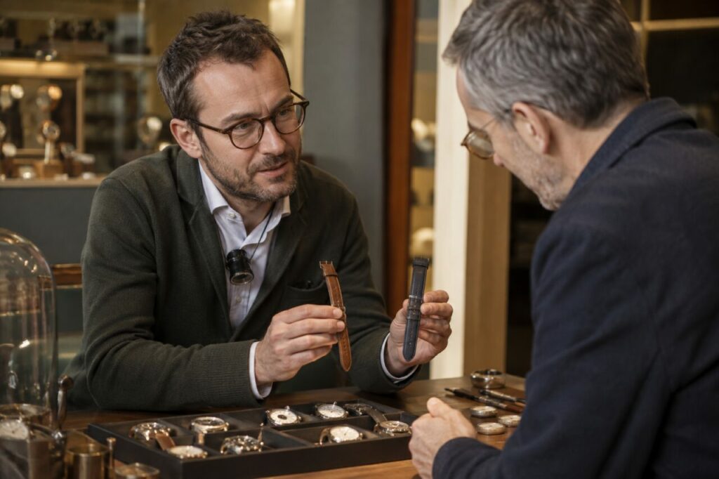 Échange entre horloger et client devant un présentoir de montres