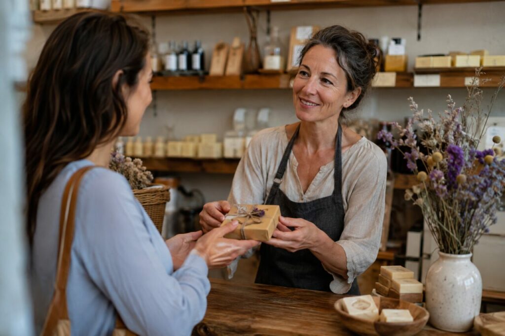 Une cliente choisit une douceur parfumée — savonnerie