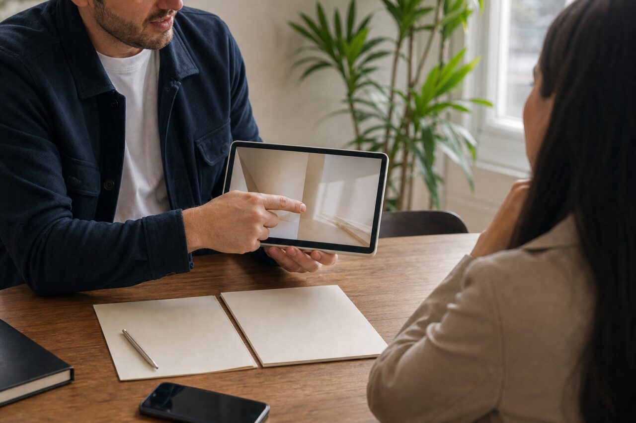 Gespräch über Wohnungspläne auf einem Tablet