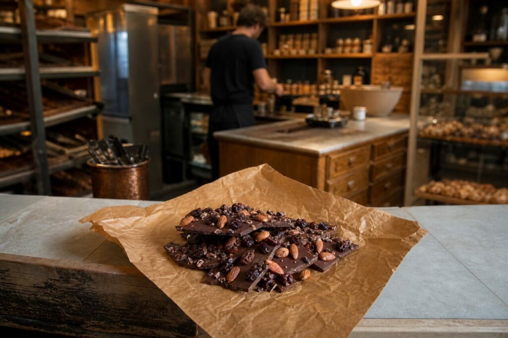 Chocolate bark in a chocolate-making workshop