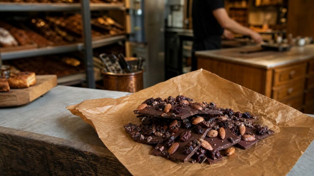 Chocolate bark on a chocolate shop counter