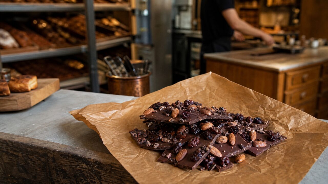 Lascas de chocolate no balcão de uma chocolataria