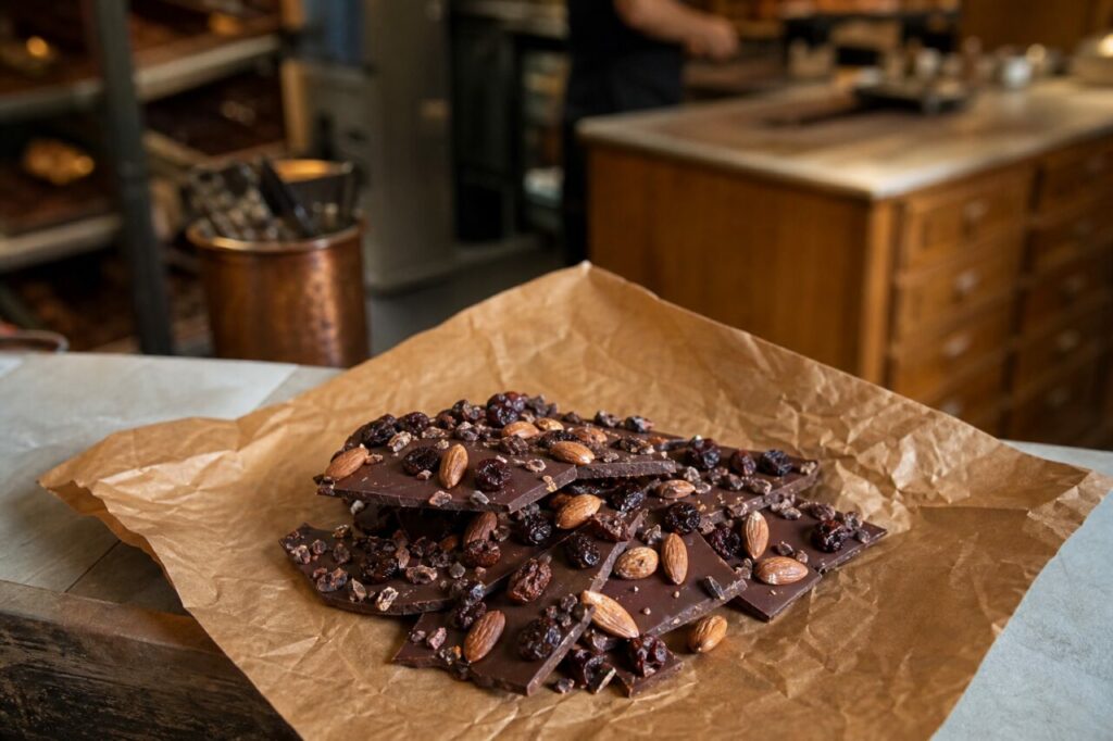 Dark chocolate bark with almonds and dried fruit