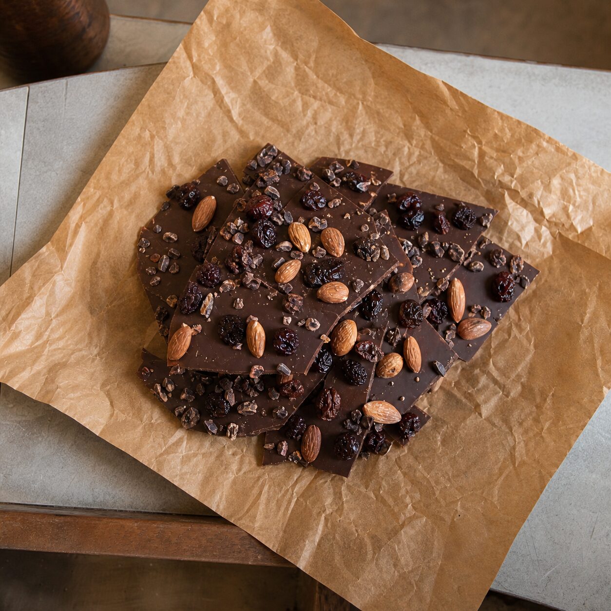 Bovenaanzicht van chocoladestukken op kraftpapier