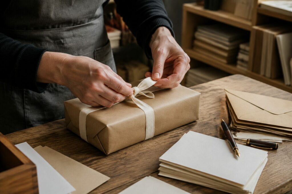 Emballage d’un cadeau avec papier brun, ficelle et cartes sur une table